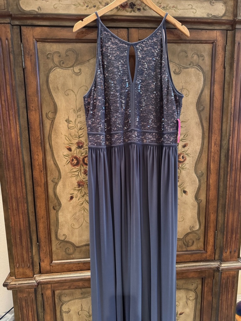 Morgan & Co. Charcoal Beaded Halter Evening Gown